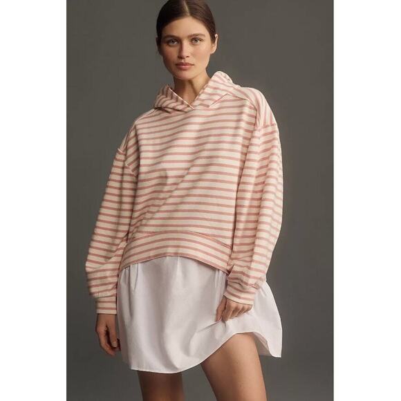 Anthropologie Pilcro Hooded Sweatshirt Twofer Mini Dress Large Pink Stripe - Picture 5 of 9